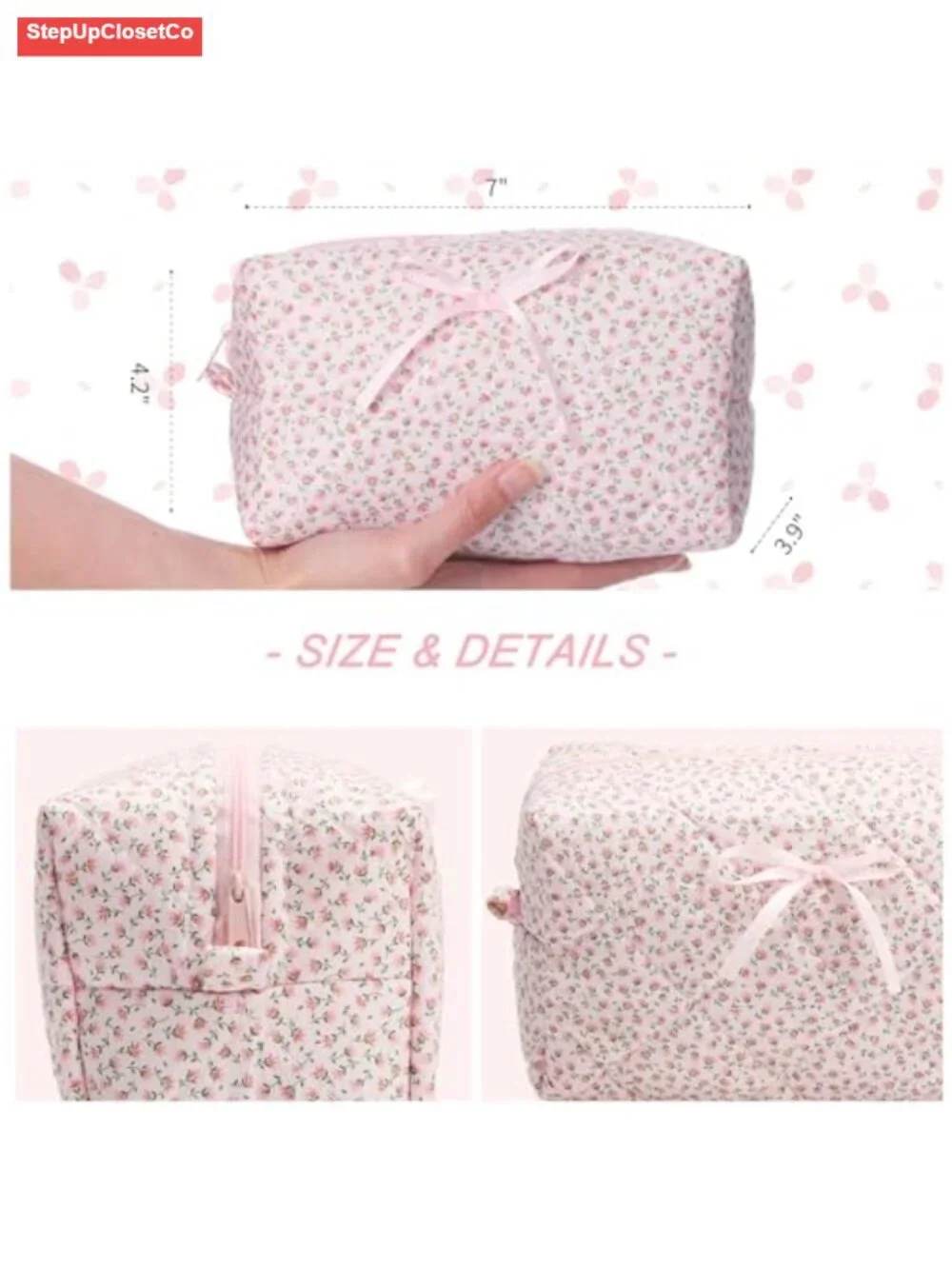 Quilted Floral Makeup Bag Handmade Cotton Pouch Toiletry Case Cosmetic Organizer